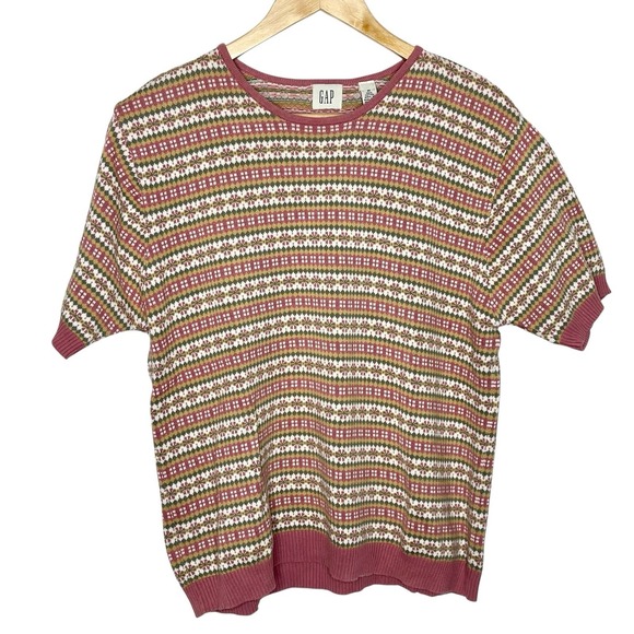 Gap Vintage Short Sleeve Fair Isle Sweater Womens M Cotton Pink Green Preppy 90s - Picture 1 of 4
